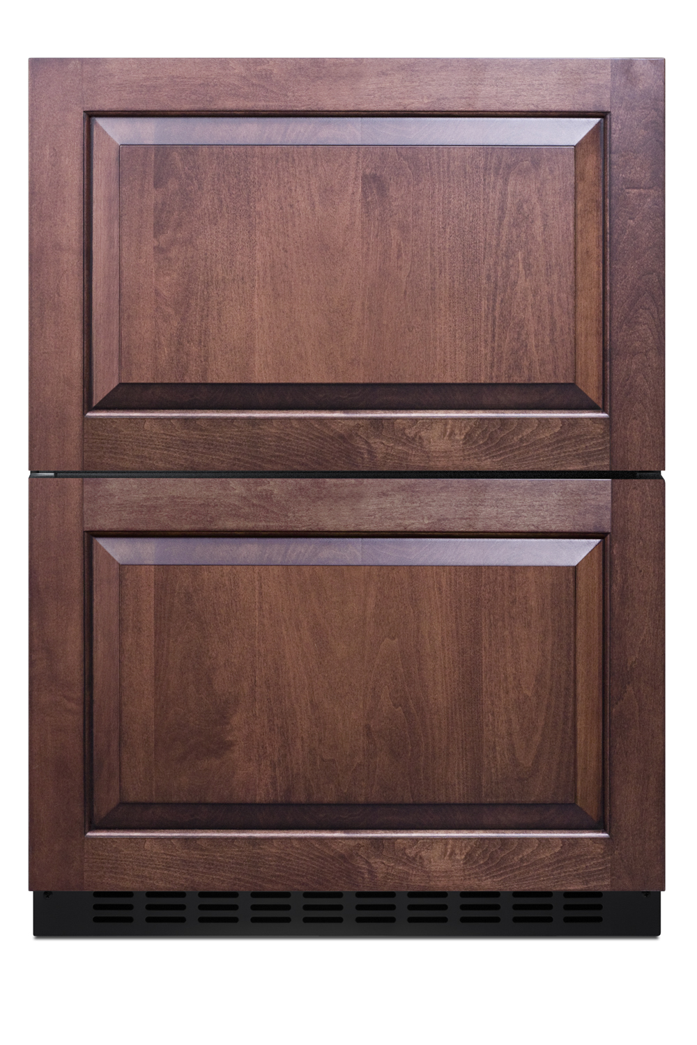24 in. wide ADA compliant outdoor 2-drawer frost-free freezer for residential or commercial use, with panel-ready stainless steel drawer fronts, black cabinet, and digital controls